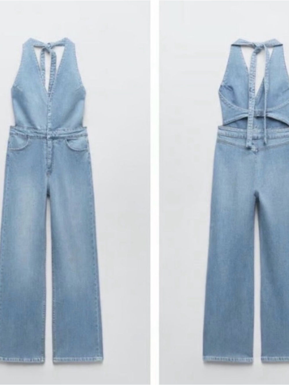 Zara Light Blue Denim Halter Jumpsuit